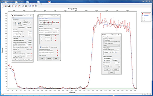 SIMNRA graphical user interface with experimental and simulated spectra and various forms.